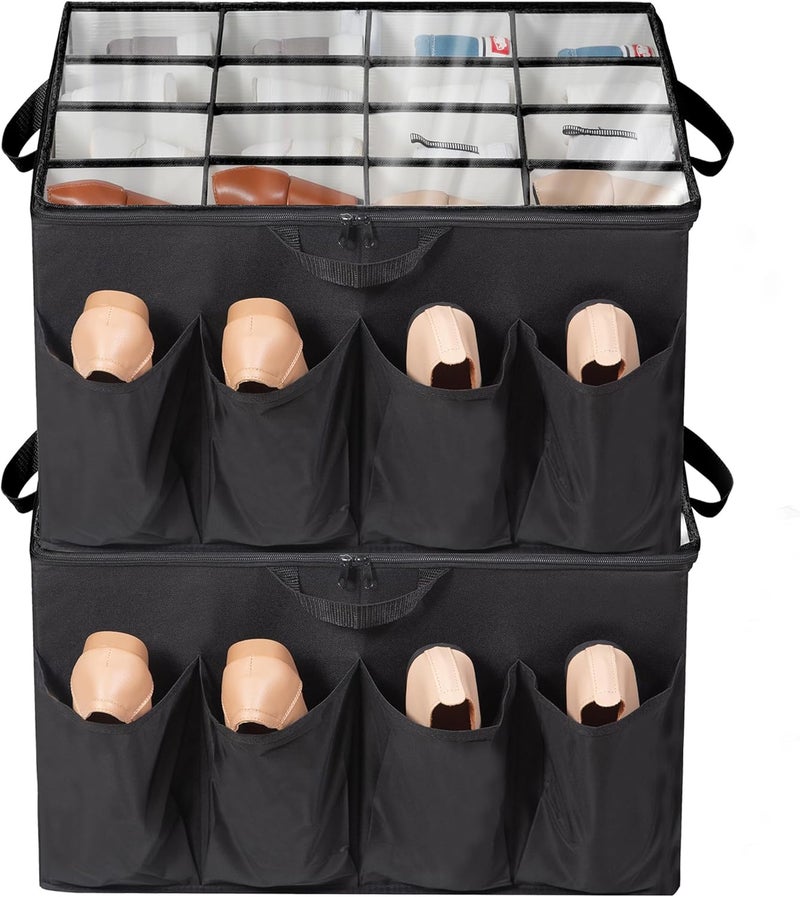 STORAGEIDEAS Shoe Organizer for Closet, Shoe Storage Solution with Clear Cover & Adjustable Dividers, Fabric Shoe Box Fits 16 +8 Pairs Shoes, Black, 2-Pack - Image 1